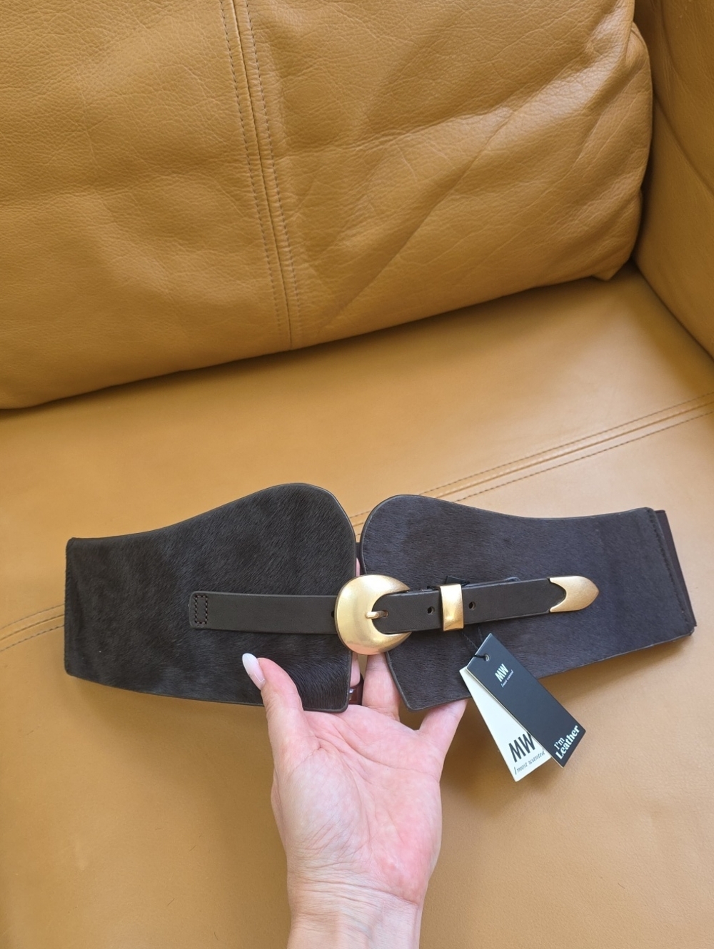 Wide Chocolate Waist Belt with Gold-Tone Western Buckle